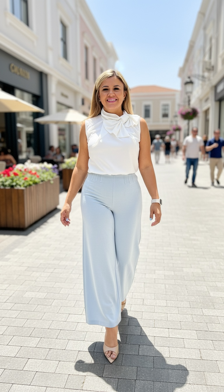 Pantalón Casual Teal Corte Recto Con Costuras en Línea